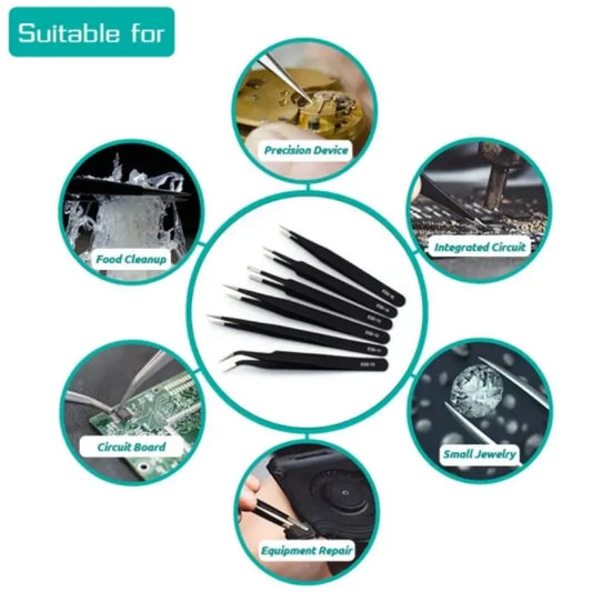 Stainless Steel Curved & Straight Black Tweezer Set – Nail Art Rhinestones & Beads Picking Tool