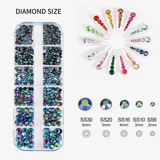 12-Grid Mixed Nail Rhinestones Set – SS6–SS30 Flatback Glass Gems in Clear, Gold, Pink & Blue