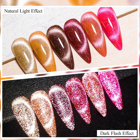 MEET ACROSS 6PCS Amber Reflective Cat Eye Gel Nail Polish Set – Autumn Brown & Coffee Glitter Series