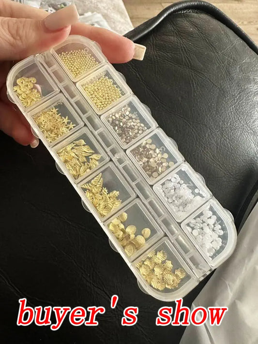 12-Grid 3D Gold Ocean Rivet Nail Charms – Mixed Marine-Themed Nail Art Decorations