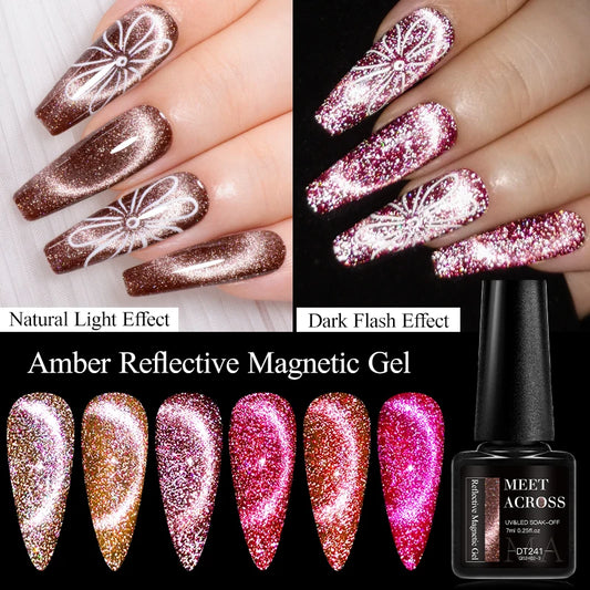 MEET ACROSS 6PCS Amber Reflective Cat Eye Gel Nail Polish Set – Autumn Brown & Coffee Glitter Series