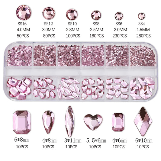 12-Grid Pink Mixed Nail Rhinestones – Luxury Crystal Nail Charms for DIY Manicure