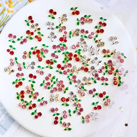 20pcs 3D Cherry Nail Charms – Red & Pink Rhinestone Fruit Nail Decorations