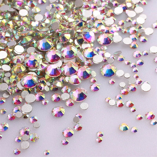 1440pcs Mixed Size AB Glass Flatback Rhinestones – Round Crystal Stones with Black Glue Backing