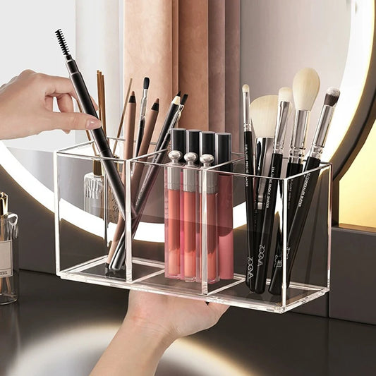 Transparent Makeup Brush Organizer – 3-Slot Acrylic Storage Tray for Bathroom or Vanity