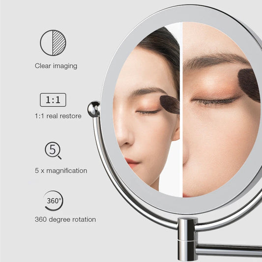 Wall-Mounted LED Makeup Mirror – Double-Sided, 5X Magnification with Touch Dimming