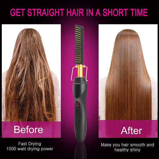 2-in-1 Hot Comb Hair Straightener – Portable Electric Beard Press Comb