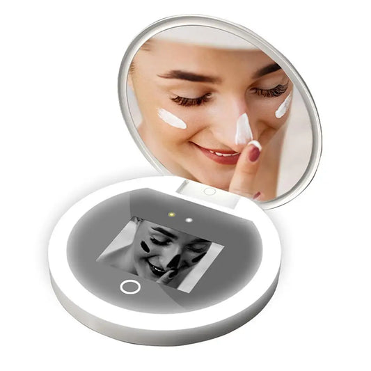 UV Smart Sunscreen Makeup Mirror – Portable LED Mirror with UV Detection & Sunscreen Testing
