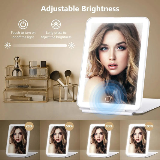 LED Foldable Travel Makeup Mirror – USB Rechargeable with 3 Light Modes & Touch Screen