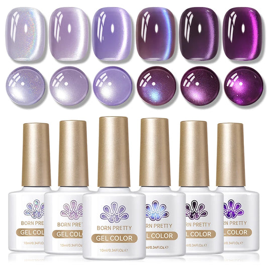 BORN PRETTY 6-Bottle Cat Eye Magnetic Gel Nail Polish Set – Purple, Pink & Blue Aurora Series