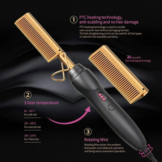 Portable Ceramic Hot Comb – Hair Straightener & Curling Iron for Hair, Beards, and Wigs