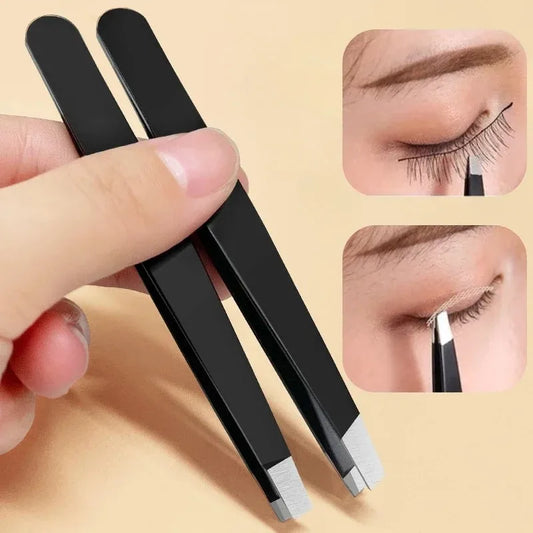 Black Stainless Steel Eyebrow Tweezers – Slant & Flat Tip Beauty Tools for Precision Hair Removal