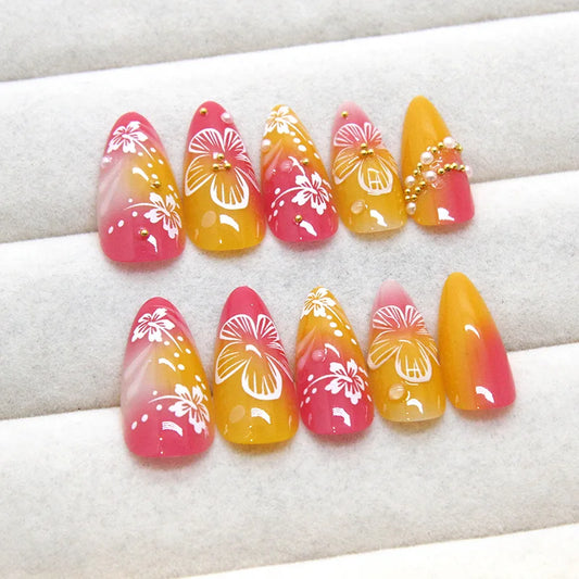 24PCS White Flower Press-On Nails – European Almond Shaped Full Cover Tips