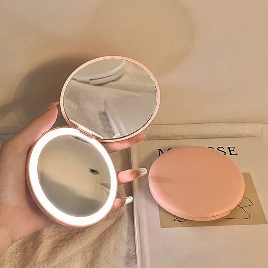 Portable LED Makeup Mirror – Mini Handheld Folding Round Mirror with Light