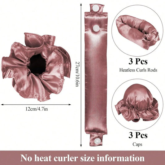 3PCS Satin Heatless Curling Rod Set – Soft Overnight Headband with Hair Caps for Long Hair