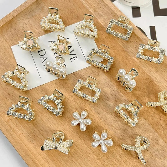 6/8/10PCS Small Rhinestone & Pearl Metal Hair Claws – Sweet Mini Hair Clips for Women & Girls