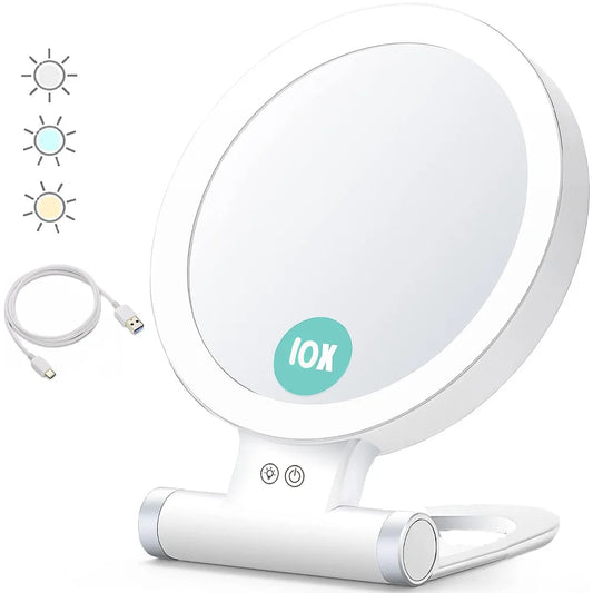 Portable Rechargeable LED Makeup Mirror – 1X/10X Magnification, Foldable Double-Sided Design