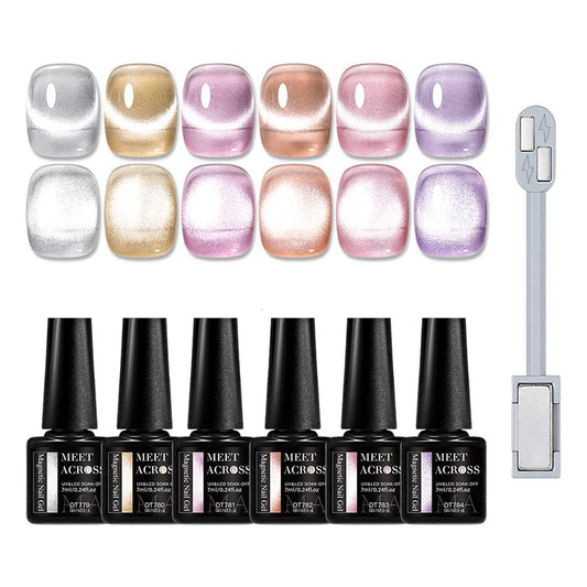 MEET ACROSS 7PCS Cat Magic Magnetic Gel Nail Polish Set – Sparkling Semi-Transparent Sea Blue Effect