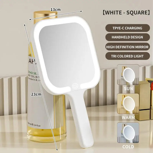 3-Color LED Makeup Mirror – Handheld, Touchscreen, Adjustable Brightness & Portable