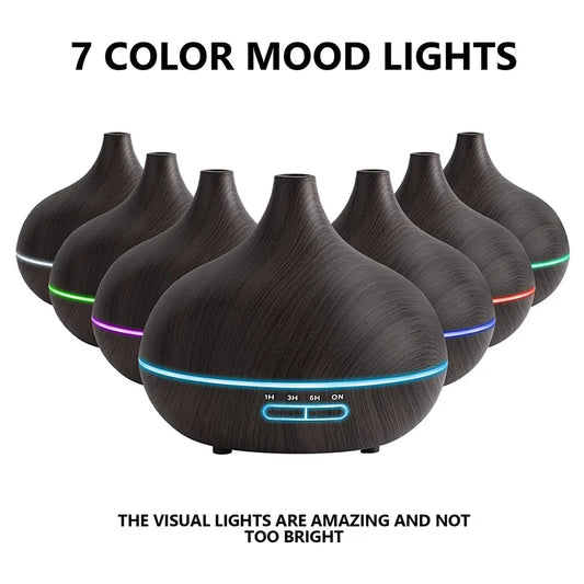 550ml Wood Grain USB Aroma Diffuser – Essential Oil Humidifier with 7-Color LED & Remote Control