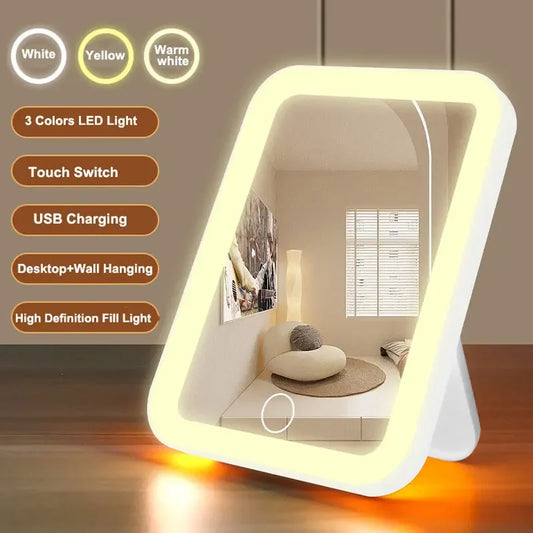 3-Color LED Vanity Mirror – Touch Screen, USB Rechargeable & Portable Makeup Mirror