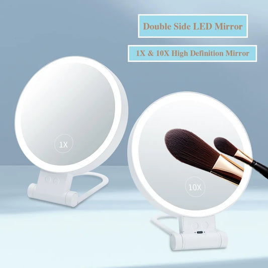 Portable Rechargeable LED Makeup Mirror – 1X/10X Magnification, Foldable Double-Sided Design