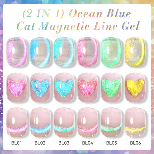 LILYCUTE 6Pcs Aurora Ocean Blue Liner Gel Polish Kit – Reflective Glitter UV Gel for Nail Art