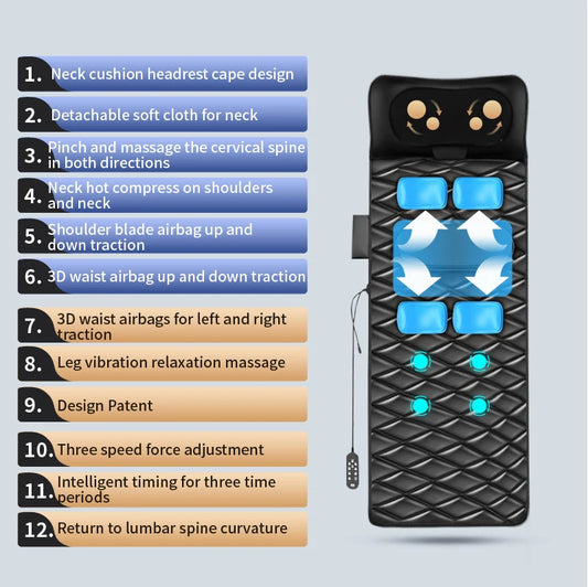 Upgrade Full Body Heated Massage Mat – Vibration, Airbag, Swing & Lumbar Traction with Remote Control