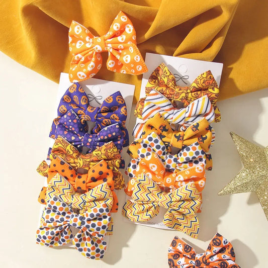 6PCS Girls' Holiday Hair Clip Set – Hand-Woven Pattern Bow Clips for Halloween & Christmas