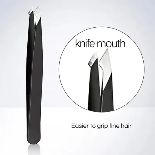 Black Stainless Steel Eyebrow Tweezers – Slant & Flat Tip Beauty Tools for Precision Hair Removal