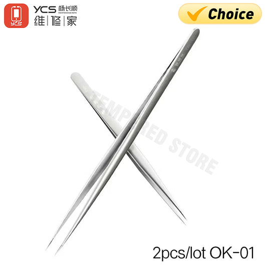 YCS OK-01 Anti-Static Precision Tweezers Set – 2pcs Pointed & Curved Stainless Steel ESD Tweezers