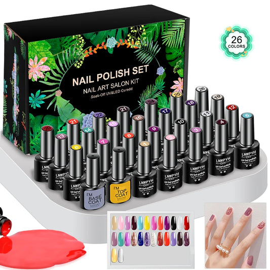 LNWPYH 26-Color Gel Nail Polish Set – Semi-Permanent UV/LED Soak-Off Kit with Base & Top Coat