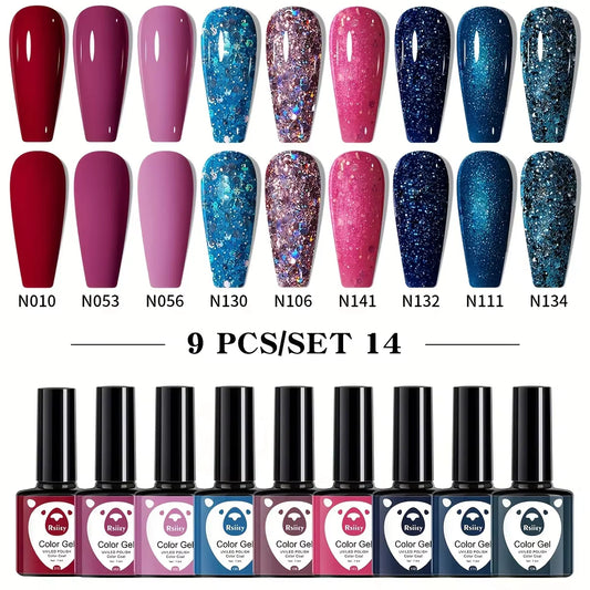 XEIJAYI 9PCS Gel Nail Polish Set – 7.3ml Popular Colors UV/LED Soak-Off Gel for Home & Salon DIY