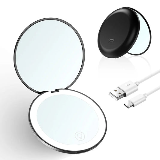 Pocket LED Compact Makeup Mirror – Mini Folding Mirror with Magnification
