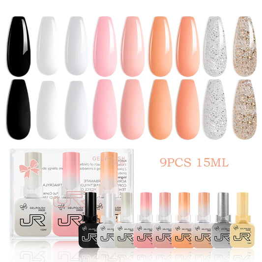 JR 9PCS 15ML Gel Nail Polish Set – Red, Pink & Nude UV/LED Soak-Off Kit with Base & Top Coat