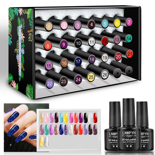 LNWPYH 26-Color Gel Nail Polish Set – Semi-Permanent UV/LED Soak-Off Kit with Base & Top Coat