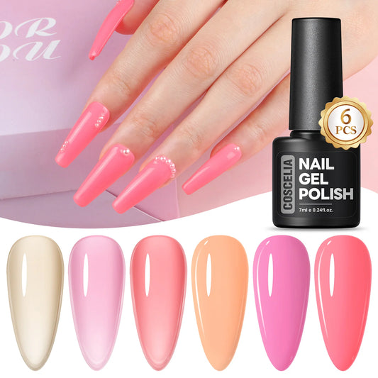 Coscelia 6PCS 7ML Gel Nail Polish Set – Sparkly Pink, Green & Yellow Soak-Off UV Gel Gift Kit