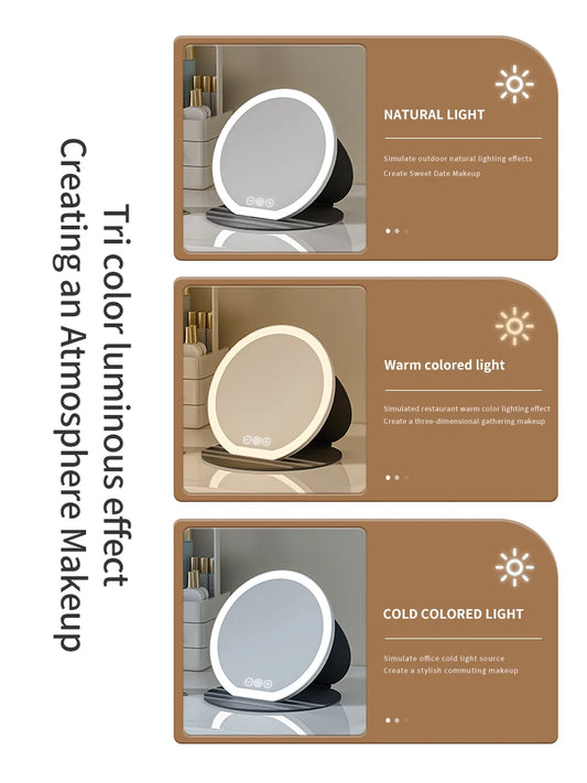 3-Color LED Makeup Mirror – Dimmable Touch Screen Cosmetic Mirror for Tabletop, Travel & Home Use