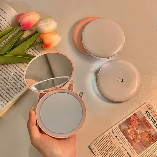 Portable LED Makeup Mirror – Mini Handheld Folding Round Mirror with Light
