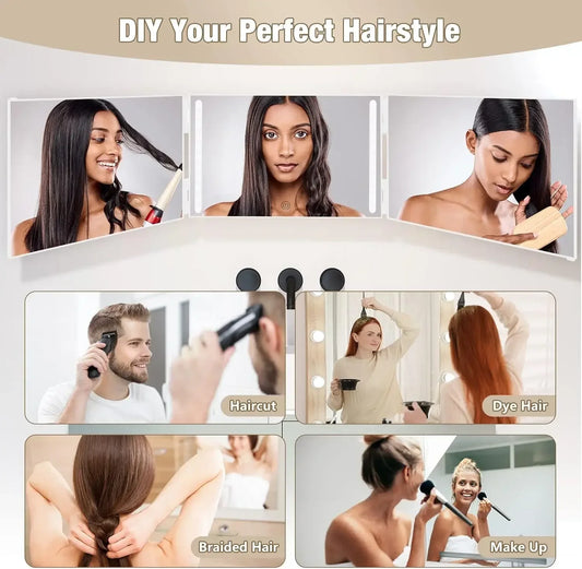 LED 3-Way Self Haircut Mirror – Rechargeable 360° Adjustable Mirror with Height Hooks
