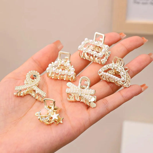 6/8/10PCS Small Rhinestone & Pearl Metal Hair Claws – Sweet Mini Hair Clips for Women & Girls